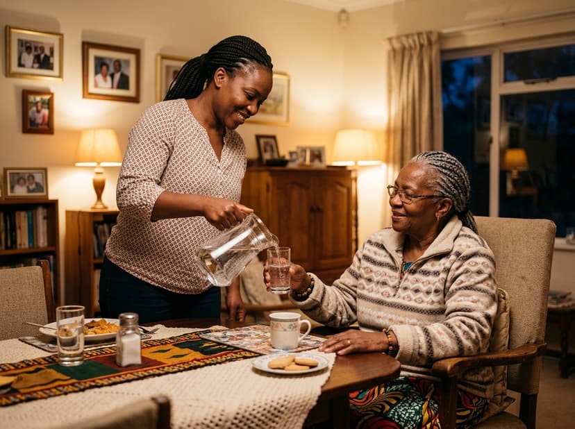 Caregiver holding hand of happy elder